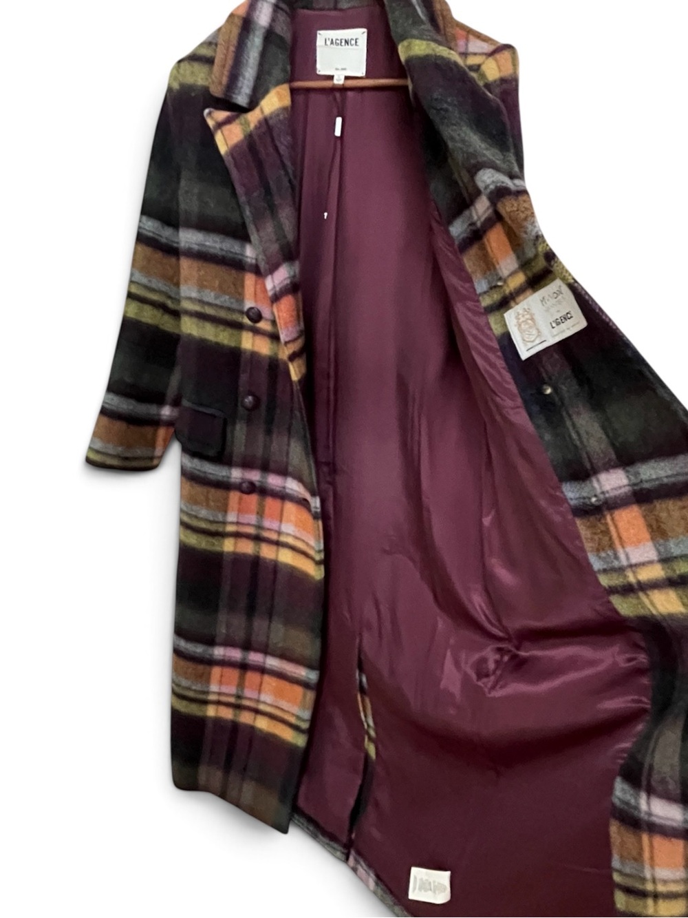 🔴SALE🔴 L'AGENCE Olina Plaid Wool Trench Coat Belted Double Breasted Italian - Picture 7 of 14